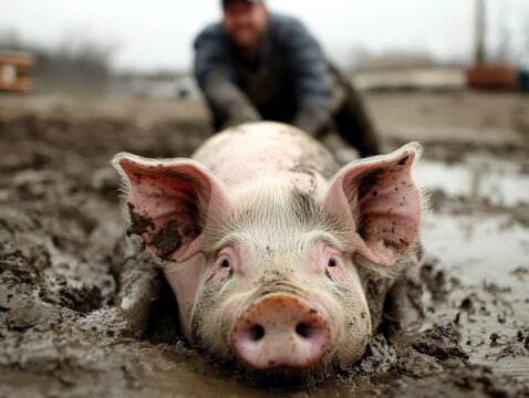 Close-Up of Pig in Mud with Farmer in Background on a Farm