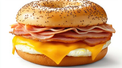 Delicious breakfast bagel sandwich with ham egg and cheese in a bright studio shot perfect for food blogs