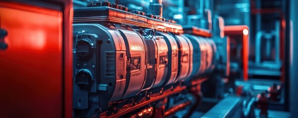 Close-up of a large generator showcasing intricate details and robust design in industrial setting.