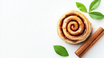 Fototapeta premium Freshly Baked Cinnamon Swirl Roll with Cinnamon Sticks and Green Leaves on a Clean White Surface