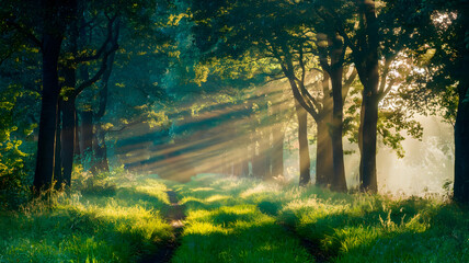 Fototapeta premium Sunbeams Dance Through A Tranquil Forest Path, Illuminating A Magical, Peaceful Morning Scene With Lush Greenery And Soft Light