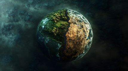 The earth is split into two parts, one side is green and fertile, the other side is dry and cracked, in white background