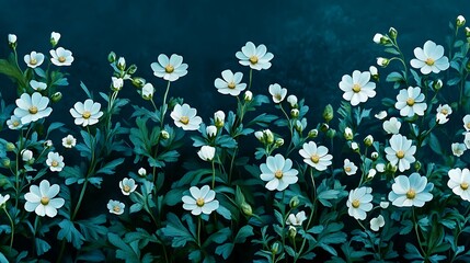 White Flowers in a Teal Garden: A Digital Painting AI Generated