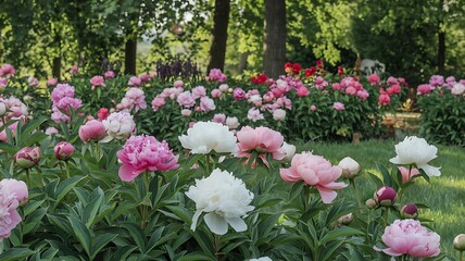 Fototapeta premium Lush garden filled with blooming peonies in shades of pink and white