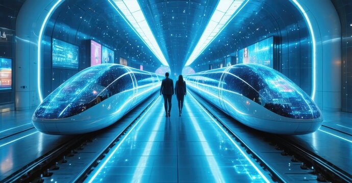Hyperloop station in glowing ai assistants guiding passengers onto levitating transport pods holographic advertisements floating in air