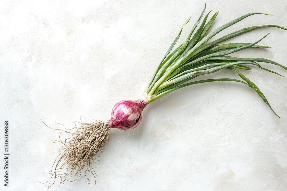 Poster fresh red onion on a light surface with green stems and roots showing natural texture healthy food s