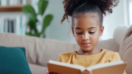 Fototapeta premium Black girl reading a book in the living room at home