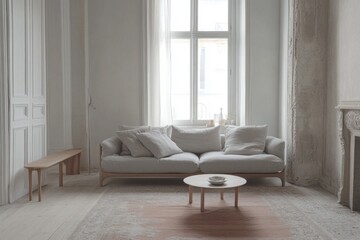 Light living room with sofa, bench, rug, and coffee table.