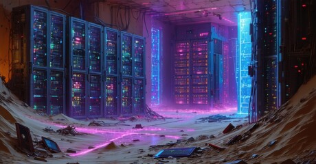 Neon lit wasteland where scavengers collect data chips instead of scrap metal massive abandoned servers buried in sand glowing circuitry pulsing inside