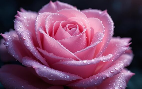 A close-up photo of a pink rose covered in morning dew, with a blurred dark background