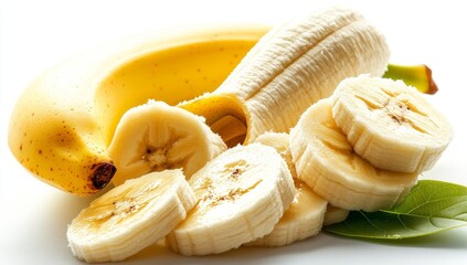On a white background, a banana and its slices, cut with leaves, are isolated