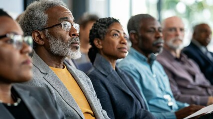 Group of focused individuals attending an informative conference in a modern venue during the day