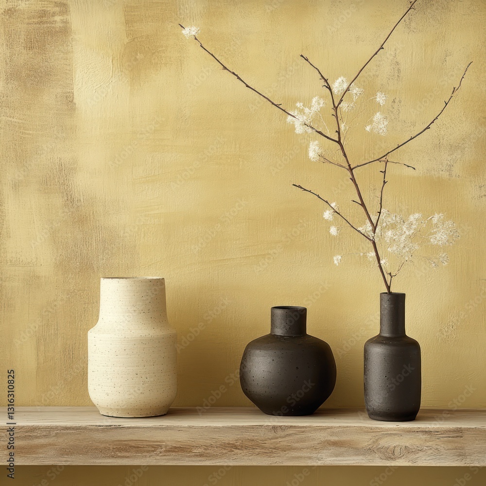 Poster still life of ceramic vases arranged with a branch on a wooden shelf against a textured wall