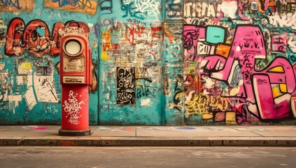 Industrial scenery forms the background for abstract graffiti that covers a wall of a deserted factory