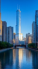 Chicago skyscraper sunrise reflection.
