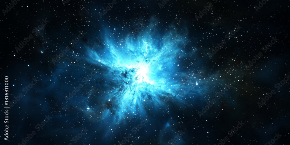 Wall mural blue nebula with glowing core in dark space. cosmic cloud formation with starry background. astronom