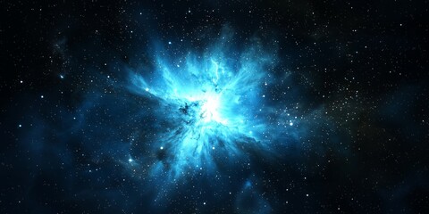 Fototapeta premium Blue nebula with glowing core in dark space. Cosmic cloud formation with starry background. Astronomical phenomenon in deep universe. Galactic structure with radiant light