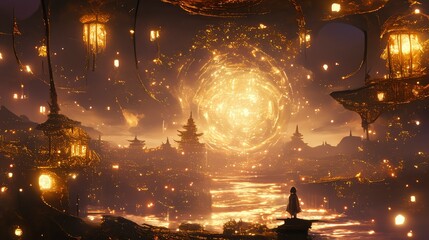 Fototapeta premium Golden Celestial Gateway A Journey to the Mystical City of Lights