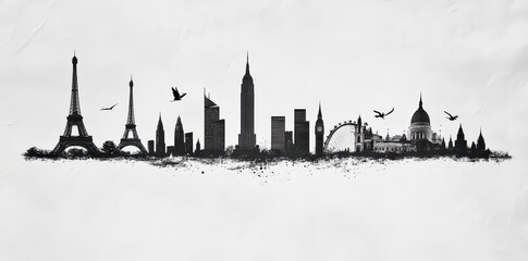 Obraz premium City Skylines Depicted in Silhouette with Flying Birds and Buildings