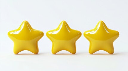 A minimalist representation features three isolated golden stars, with 3D yellow stars on a white background, designing cute and simple rating pentagons in a minimalistic aesthetic, all created by AI