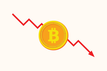 bitcoin chart down. Crypto bitcoin digital money concept. Flat design vector illustration isolated. Minimalist flat design

