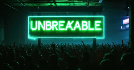 Cyber style illuminated billboard with unbreakable in neon green and deep crimson standing inside underground fight club filled with roaring crowds