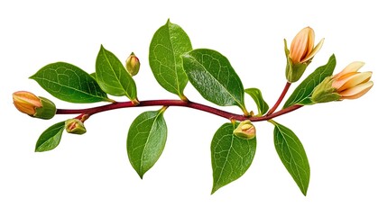 Fototapeta premium Spring Blossom Branch: Vibrant Green Leaves and Peach Buds AI Generated