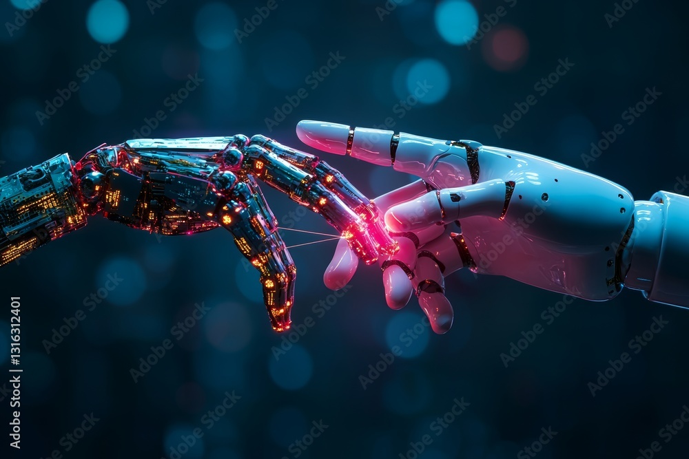 Aufkleber a futuristic robot undergoes an upgrade as a human hand comes into contact with its ai-driven hand, 
