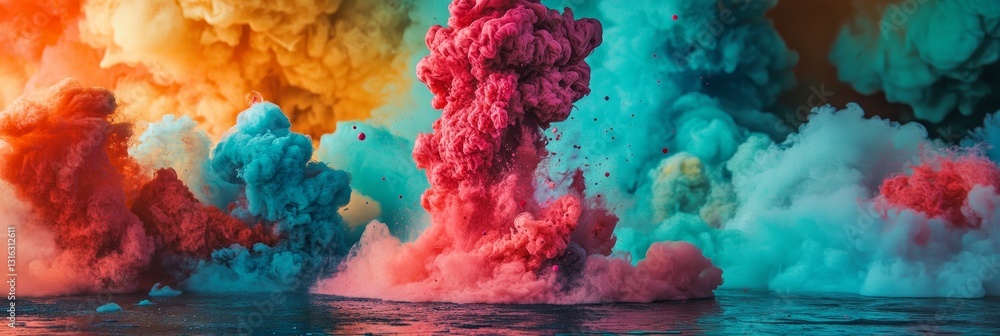 Poster in a dark black setting, an ai generated image showcases colorful ink in water, overlaid with a mult