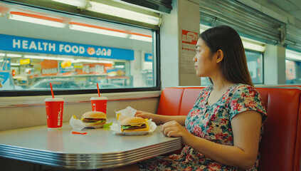 A young Asian woman in her early 20s sits alone at a fast food restaurant table, wearing a floral print dress with pink and blue patterns