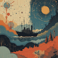 Oil painting. Ship at Sea. Pattern for printing on wall decorations, fabrics, and for use in graphics.