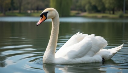 Fototapeta premium Swan glides serenely on calm lake, its white feathers contrasting beautifully with reflective water. Nature, wildlife, and serenity-themed projects.