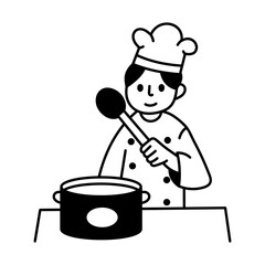 Expert chef cooking in kitchen, hand drawn illustration 
