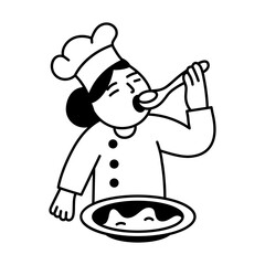 A chef tasting dish with spoon, doodle style illustration 
