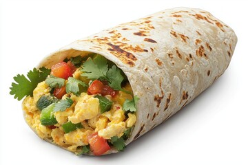 Delicious burrito with fresh ingredients healthy filling and tortilla wrap on clear background studio shot
