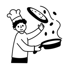 A hand drawn illustration of a restaurant chef tossing food 
