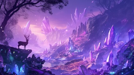 Fototapeta premium Majestic Deer in a Crystallized Purple Fantasy Landscape