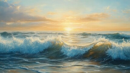 Dramatic Ocean Wave at Sunset, Fine Art Oil Painting Style.
