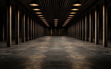 Modern empty industrial space with concrete flooring, dark ceiling slats, and hanging pendant lights, minimalistic and versatile interior