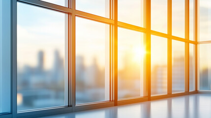 Fototapeta premium bright office interior with large windows and a city view at sunset. the light illuminates the room and floor.