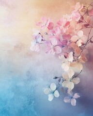 Delicate Pink and White Dog Rose Flowers on Textured Blue and Beige Background, Floral Watercolor Effect