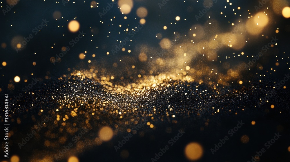 Poster abstract golden sparkles on dark background festive bokeh effect.