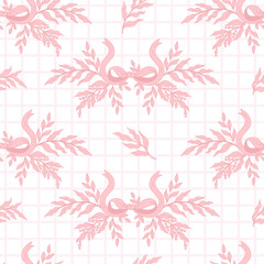 Vintage seamless pattern pink ribbon bow with Plants on checkered background. Romantic Coquette Pink Girly Vibe. Trendy aesthetic template for Design, wrapping paper, packaging. Vector illustration