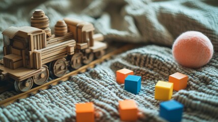 Wooden Train & Colorful Blocks on Knitted Blanket 