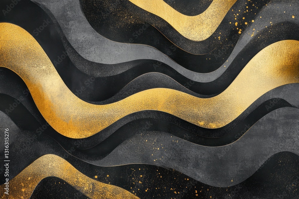 Poster abstract black and gold wavy lines textured background with subtle glitter effect.