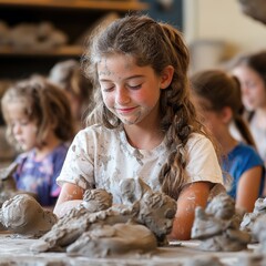 Girl enjoying clay sculpting with friends.