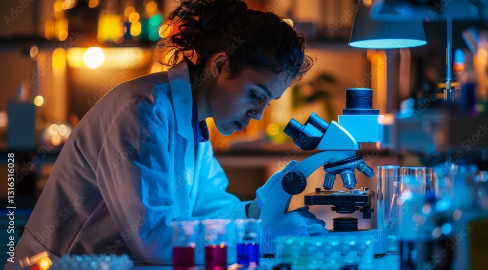 Aufkleber female scientist working with microscope and test tubes in laboratory setting with blue lighting