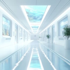 A long futuristic white hallway with windows and decorative plants