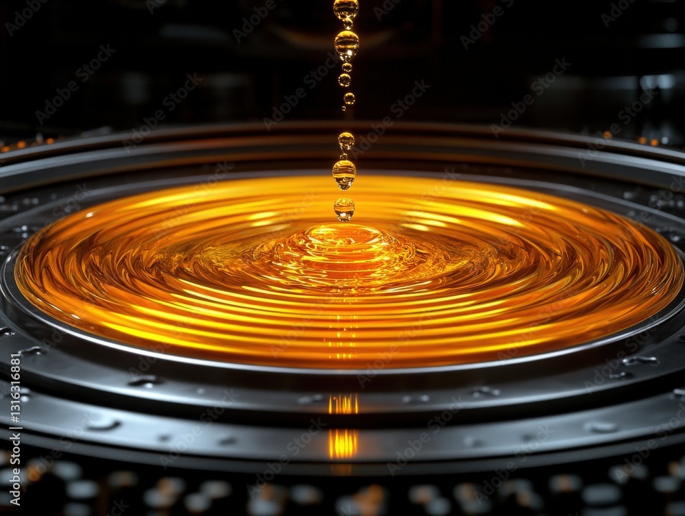 Poster abstract close-up of golden liquid dripping and creating concentric ripples on a metallic surface; l