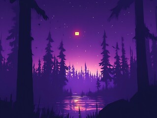 Violet Forest with Tranquil Lake, Under a Starry Twilight Sky Scene